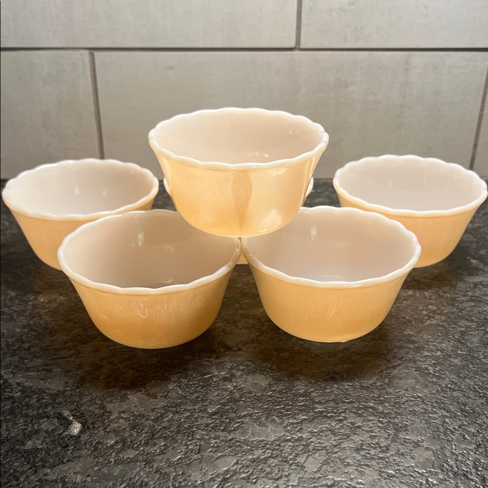 RARE 6 Dessert Cups. Vintage Fire King 6 oz Iridescent Peach Luster Like new!!